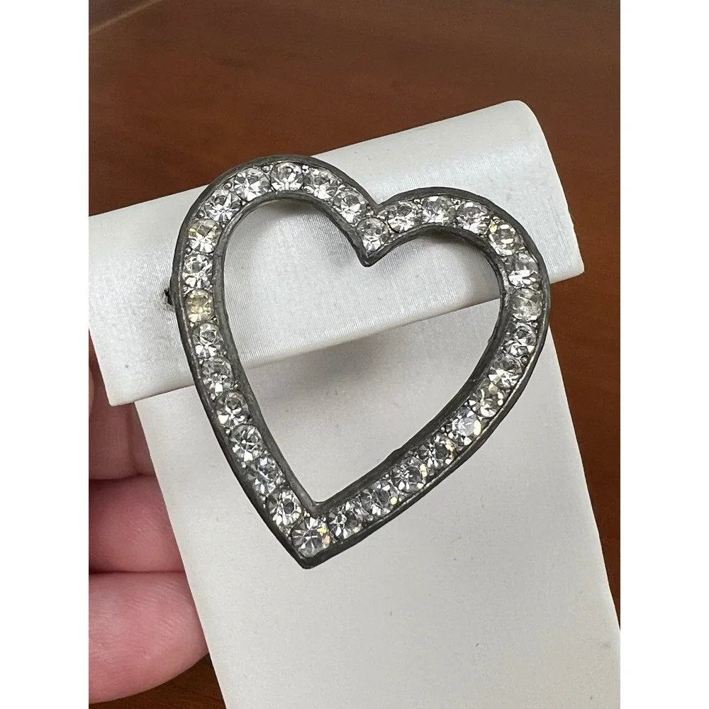 Vintage Heart Brooch Silver Tone Rhinestone Open Heart Pin Romantic Jewelry